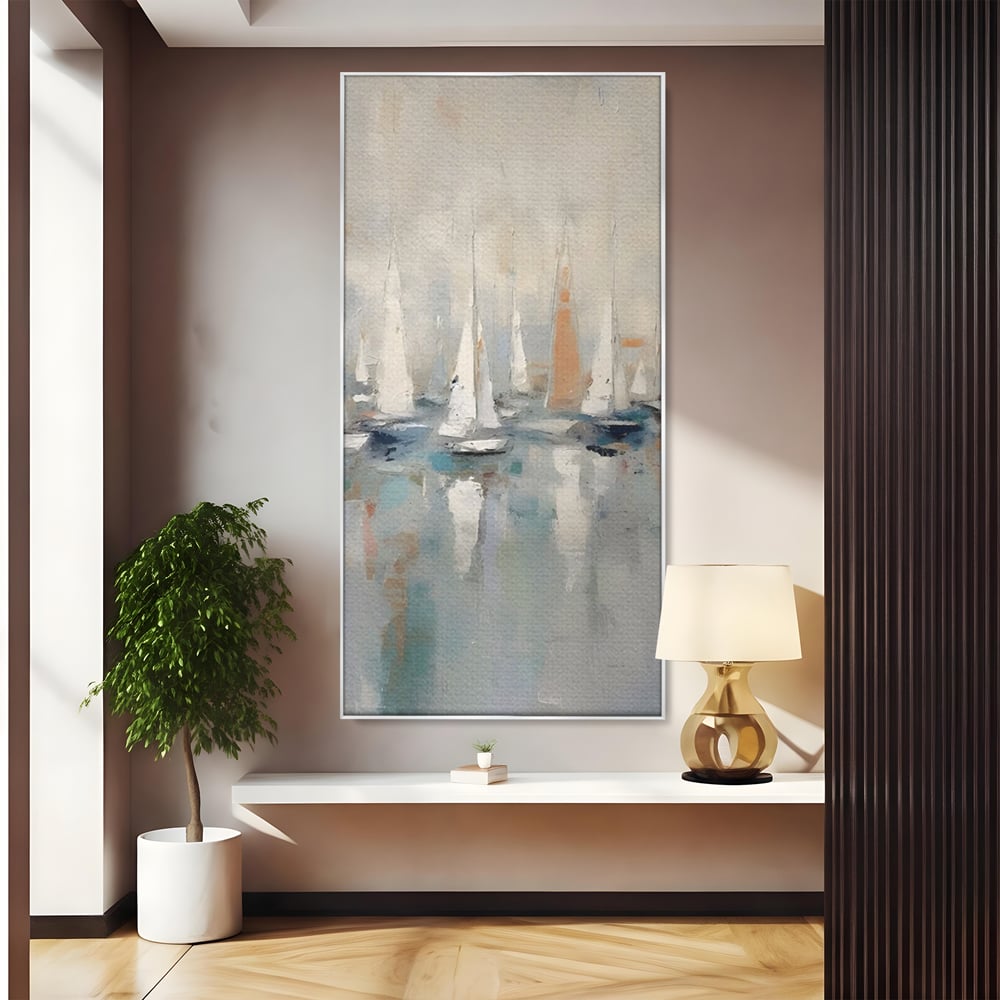 Tablou canvas cu pictura abstracta cu barci cu panze, in rama de aluminiu argintiu